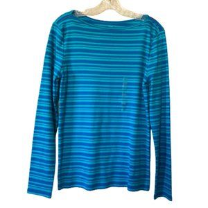Loft Teal and Blue Striped Long Sleeve T-Shirt Casual Boat Neck Top Size Large